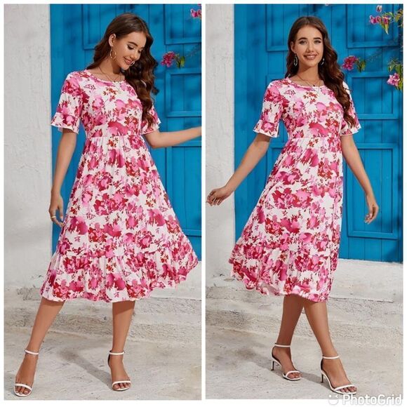 NWT Floral Midi Summer Tiered Dress with Ruffle Sleeves and Pockets - Picture 1 of 15